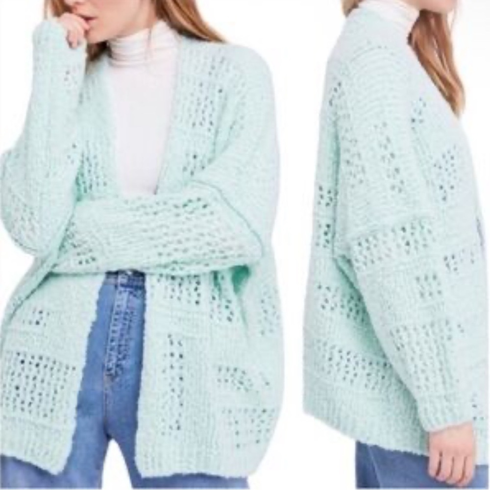 Free People Saturday Morning Oversized Mint Green Open-Knit Cardigan